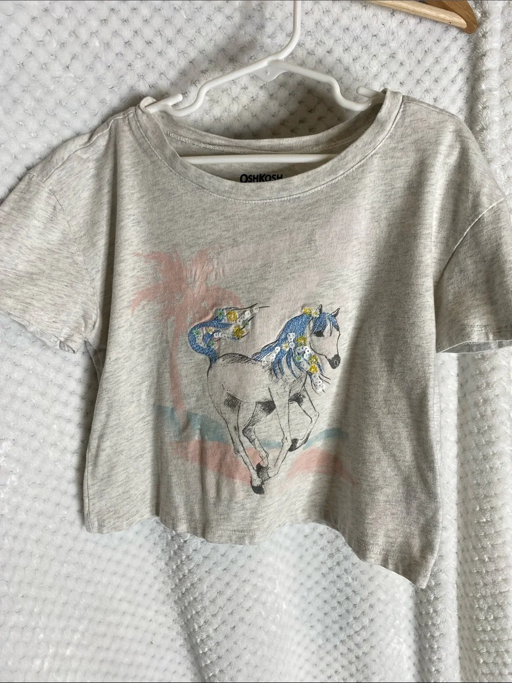 OshKosh B'gosh Light Gray Horse Graphic Tee with Blue Embroidered Mane